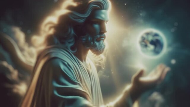 Genesis, creation of world. God creating or watching over earth, holding it in his hand among the universe. Religious Christian illustration.