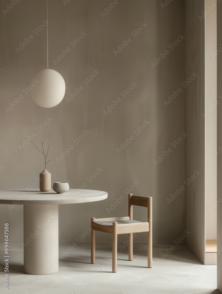 Poster a single chair sits at a round table with a white pendant light hanging above in a room with beige w