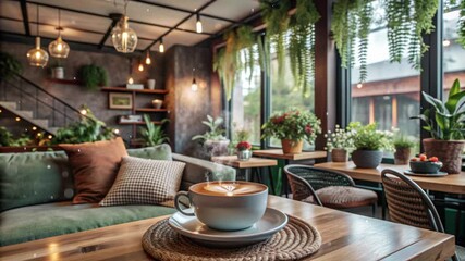 Rustic Cafe Interior with Coffee, Steaming Cup of Coffee, Warm and Cozy Style, Inviting Ambiance
