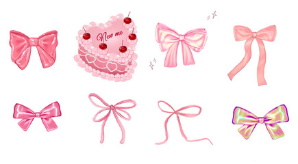 Coquette y2k bows and retro cake set. Bow and heart cake handdrawn elements isolated on transparent background. 