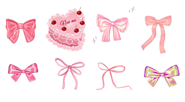 Coquette y2k bows and retro cake set. Bow and heart cake handdrawn elements isolated on transparent background. 