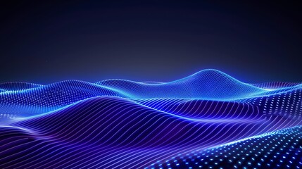 Abstract blue particles background forming a wavy surface and simulating a digital landscape
