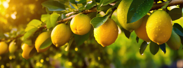 Branch of lemon tree bursting with ripe yellow lemons in citrus grove