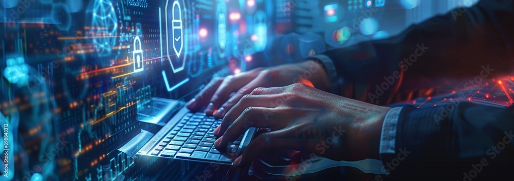 Poster a person typing on an advanced computer keyboard, with digital security symbols floating above the s