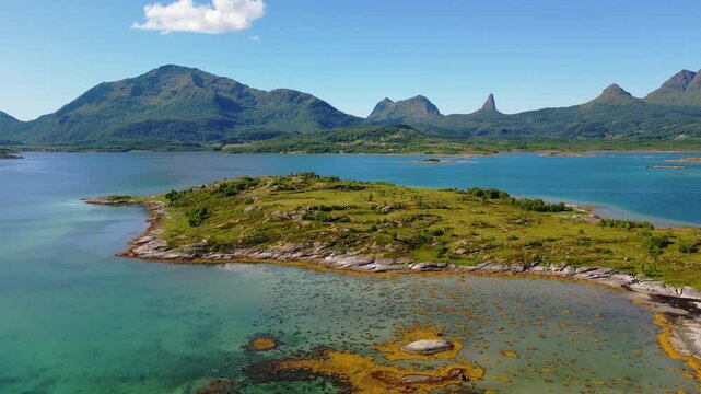 Norway natural landscape in the north, Norland, Hamaroy area. Beautiful aerial landscape of Northern Norway with sea and mountains in Scandinavia by drone