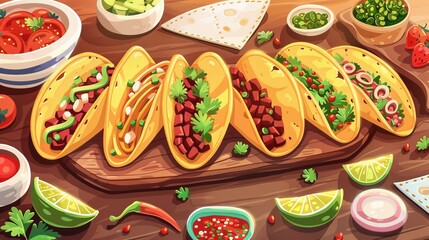 Illustration of Delicious taco platter with various fillings and toppings