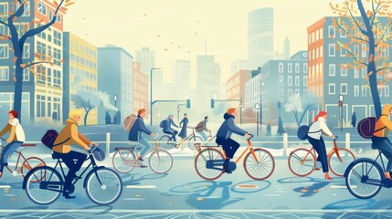 Illustration of people cycling through a bustling cityscape, showcasing the integration of biking as a sustainable and efficient mode of urban transport
