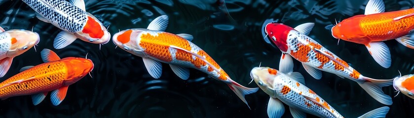 Colorful Koi fish swim gracefully in a pond.