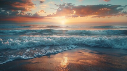Obraz premium Serene beach scene with waves and sunset