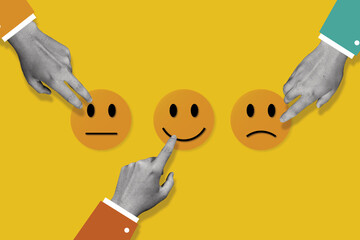 Art collage hand choosing happy smile face icon. feedback rating and positive customer review experience, satisfaction survey. mental health assessment.