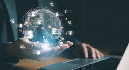 Fototapeta premium Business person with increase arrow percentage of interest and inflation rate that have potential growth and rising percentage with red arrow. Global economic and financial issue with copy space
