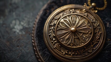 Obraz premium Intricately Designed Historic Racewalking Medal Displayed Against Velvet Background for Elegant Decoration