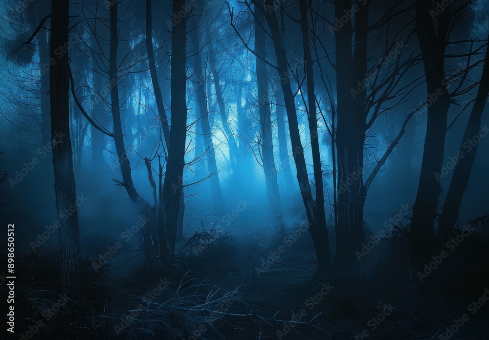 Wall mural a foggy forest at night with eerie blue lighting and dark silhouettes of trees.