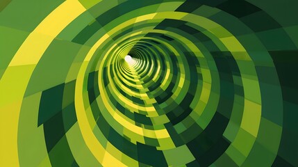 Abstract green and yellow geometric tunnel with a bright light at the end.