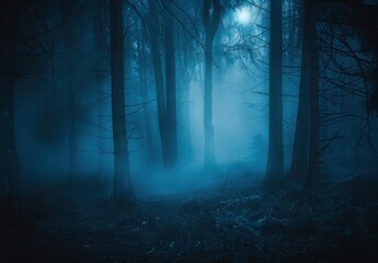 A dark, misty forest with tall trees illuminated by moonlight, creating an eerie, mysterious atmosphere.