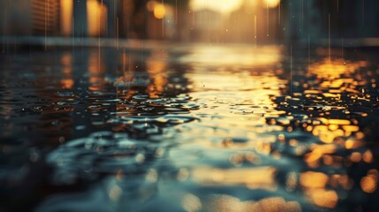 A close-up of a puddle on a city street, reflecting the golden light of the setting sun. Raindrops fall onto the water, creating a tranquil and atmospheric scene.