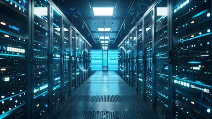 Modern Data Center Infrastructure with Rows of Servers and Blinking Lights for Network Management