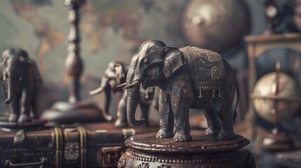 A close-up of an ornate elephant figurine, standing on a table with other trinkets and books.  The figurine is made of metal and has a worn, antique look.