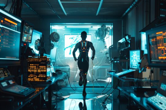 Athlete Testing Advanced Gear in Futuristic Sports Lab with High-Tech Monitoring Equipment