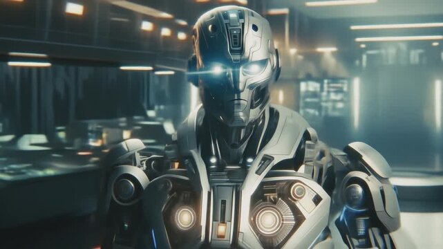 Close up of dangerous, humanoid, metal, robot soldier. Cinematic animation. Futuristic sci-fi theme. Artificial intelligence, robotics concepts. High quality 4k footage
