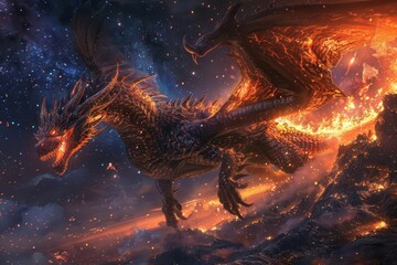 a majestic dragon soars through a starry night sky breathing vibrant flames that illuminate the darkness epic battle scene with intricate scale details and dynamic pose
