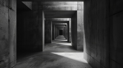 Fototapeta premium A long, narrow, concrete corridor with light streaming in from the end. The perspective creates a sense of depth and mystery.