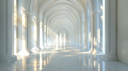 A long, white hallway with arched ceilings and columns bathed in sunlight. The light reflects on the polished floor, creating a sense of grandeur and serenity.