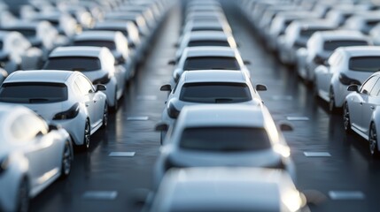 Obraz premium A long line of white cars on a road, a perspective view showing the cars in a row, disappearing into the distance.