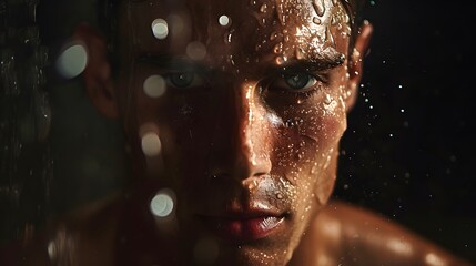 Minimalist studio portrait of a world-class swimmer, with water droplets glistening on chiseled features under soft lighting.