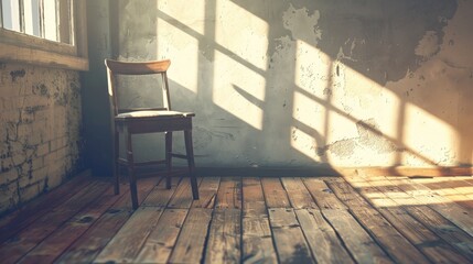 A single chair sits in a sunlit room with a worn wooden floor and a textured wall.  The image evokes a sense of solitude and reflection.