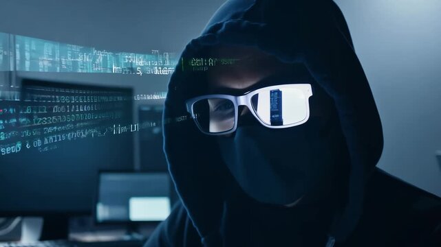A hacker wearing a hoodie and a mask works on a computer in a dimly lit room, code floating around them as they type on the keyboard.