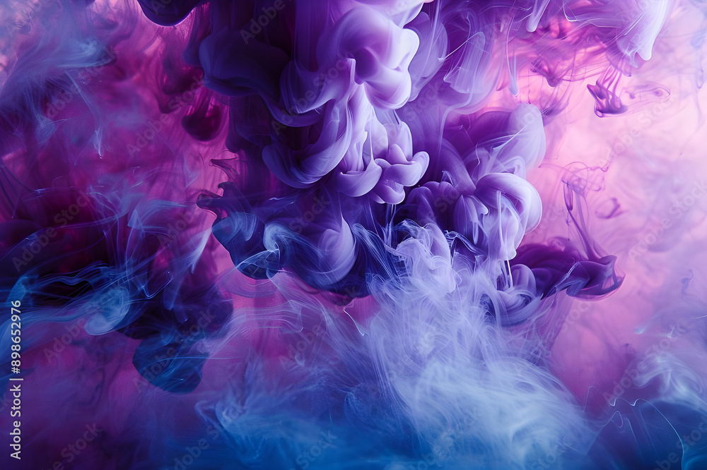 Poster dynamic purple and blue ink swirling in water, creating vibrant, abstract patterns and mesmerizing f