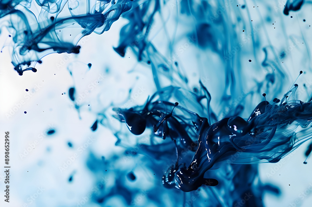Aufkleber Abstract image of blue ink swirling and diffusing in water, creating dynamic and fluid patterns against a light background.