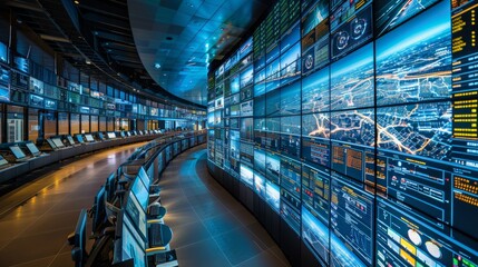 Panoramic View of High Tech Control Room with Global Data Networks and Performance Metrics Displays