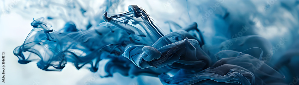 Poster Abstract image of blue ink swirling and diffusing in water, creating dynamic and fluid patterns against a light background.