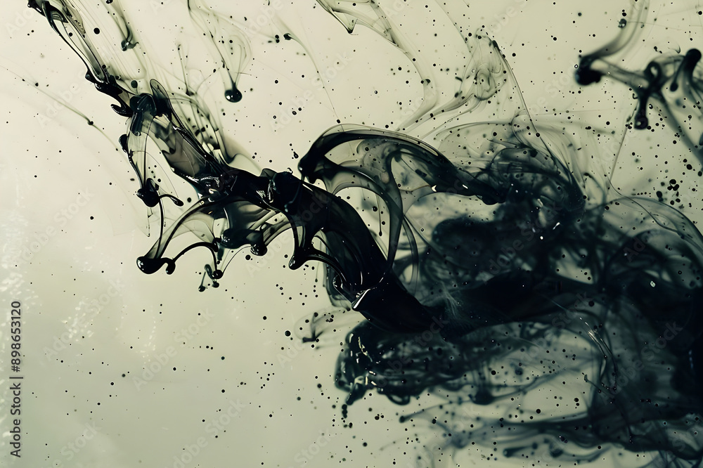 Poster Abstract image of black ink swirling and diffusing in water, creating dynamic and fluid patterns against a light background.