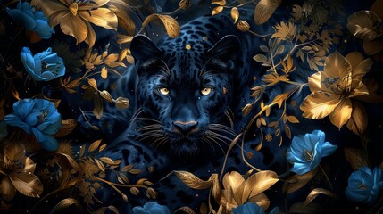 Majestic Black Panther amidst Golden and Blue Flowers. Beautiful digital artwork featuring a regal panther surrounded by gold and blue flora. Ideal for wall art, nature themes, and animal lovers. AI