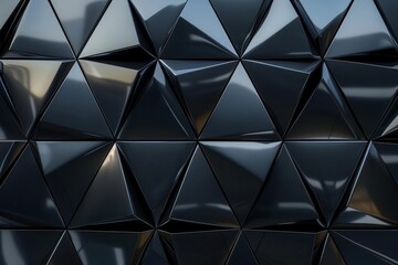 abstract 3d rendered wall of glossy black triangular tiles creating a geometric pattern with subtle light reflections