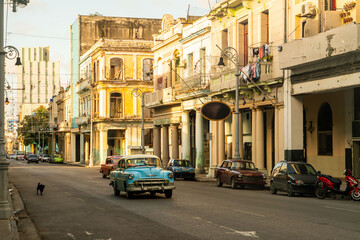 Fototapeta premium old blue classic car in havana cuba street in colonial downtown the old havana