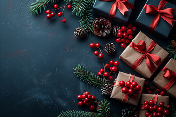 Christmas frame with gifts and Christmas trees on black background