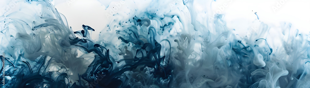 Poster Abstract image of blue ink swirling and diffusing in water, creating dynamic and fluid patterns against a light background.