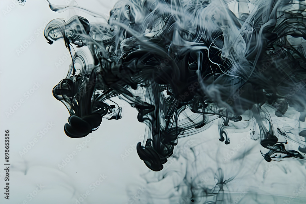 Poster Abstract image of black ink swirling and diffusing in water, creating dynamic and fluid patterns against a light background.