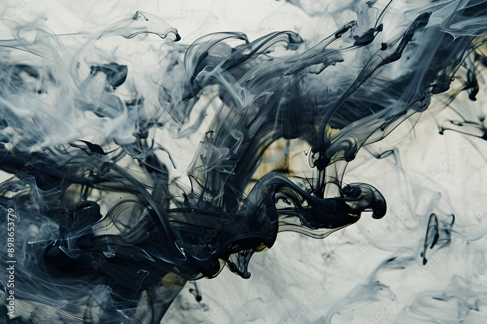 Poster An abstract art piece featuring dark ink swirls in water, creating intricate and captivating patterns with a moody atmosphere.