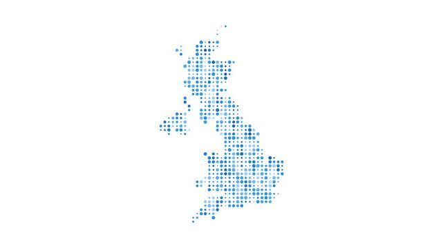 United Kingdom dotted digital map. Map of the United Kingdom with pulsating colored circles. Shape of the country filled with blue disks. Stylish video.
