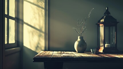 Obraz premium A vase of dried branches sits on a rustic table, illuminated by the warm glow of sunlight streaming through a window.