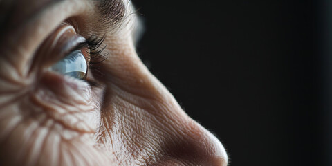 A Gaze Through Time: A close-up of an elderly woman's eyes, etched with the wisdom and experiences of a life well-lived, evokes a sense of reflection and contemplation. 