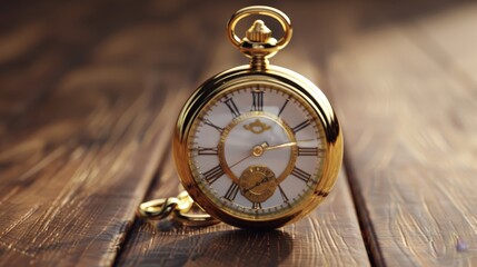 A vintage gold pocket watch with Roman numerals rests on a wooden surface, capturing a timeless aesthetic.