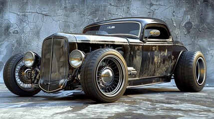 A vintage hot rod with a weathered paint job sits against a concrete wall.