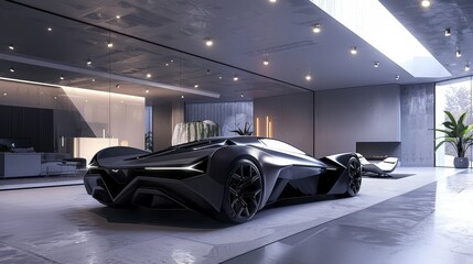 A sleek, futuristic sports car sits in a modern garage with polished concrete floors and minimalist design.
