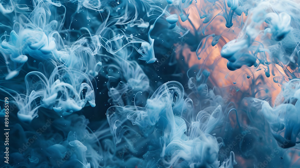 Poster Abstract image of blue ink swirling and diffusing in water, creating dynamic and fluid patterns against a light background.
